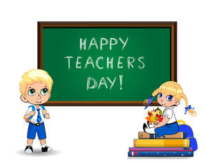 Happy teachers day greeting card with cute cartoon school kids on white background