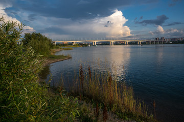 Naklejka na ściany i meble View of the Academic Bridge across the Angara River in Irkutsk