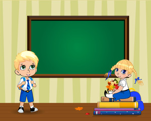 Cute cartoon school kids in classroom near clear blackboard with copy space