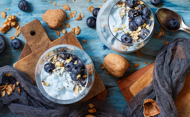 Blueberries and yogurt chia pudding parfait