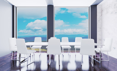 Interior of a modern conference room with concrete walls. The building with large windows in the background of the mountains. 3D rendering.