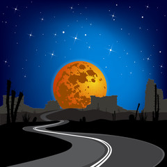 Naklejka premium The road in the desert at night. Vector landscape.