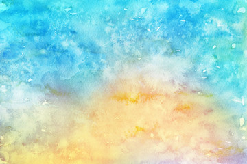 Obraz premium Blue winter watercolor ombre leaks and splashes texture on white watercolor paper background. Painted ice, frost and water.