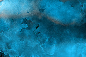 Blue winter watercolor ombre leaks and splashes texture on white watercolor paper background. Painted ice, frost and water. © artistmef