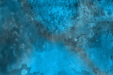 Blue winter watercolor ombre leaks and splashes texture on white watercolor paper background. Painted ice, frost and water.