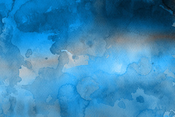 Blue winter watercolor ombre leaks and splashes texture on white watercolor paper background. Painted ice, frost and water. © artistmef