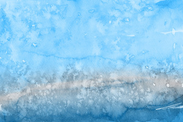 Blue winter watercolor ombre leaks and splashes texture on white watercolor paper background. Painted ice, frost and water.