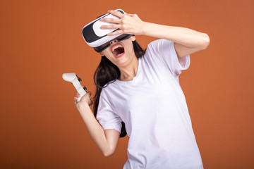 Woman wearing VR headset.