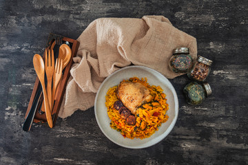 Prawn with rice - closeup of prawn with rice - traditionnal spanish food paella