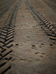 Tracce di pneumatici sulla spiaggia al tramonto, foto scattata a Deauville, in Normandia, Francia