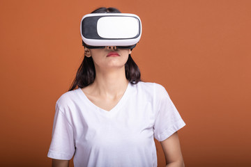 Woman wearing VR headset.