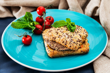 french bacon burger with beef and fluffy bread and sesame