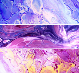 Liquid marbling paint horizontal textures collection. Grunge acrylic stains. Blue pink paint mix brushstrokes and streaks. Marble textured background. Gouache diffusion banner design. Color raster