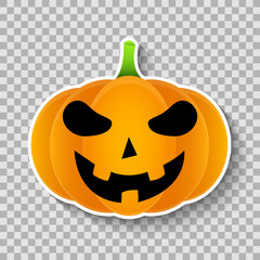 Cartoon pumpkin sticker isolated on a transparent background. Terrible pumpkin for Halloween. Sticker for your design. Vector illustration