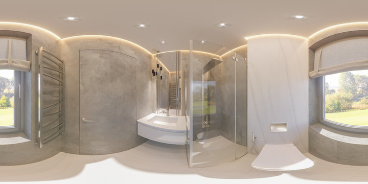Spherical 360 degrees, seamless panorama bathroom interior design with glass walk in shower. Illustration of the interior in a modern style in gray tones. Natural stone, marble.  