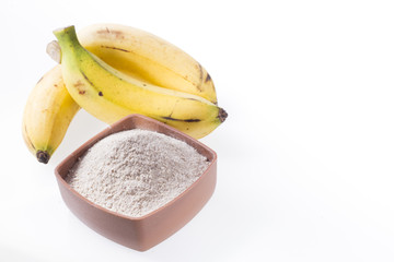 Banana fruit and flour isolated on white background (Musa × paradisiaca)