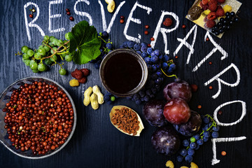 food rich with resveratrol, grapes, plums, goji, peanuts, cranberry,raspberrys, dark chocolate,red...