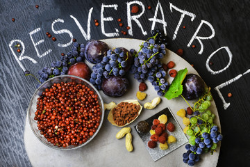 food rich with resveratrol, grapes, plums, goji, peanuts, cranberry,raspberrys, dark chocolate
