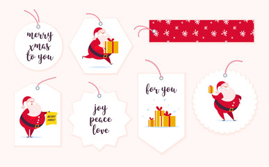 Fototapeta na wymiar Vector collection of Christmas gift tags & badges different shapes isolated on light background. Emblems for xmas holiday present packaging. Pattern, text place, congratulations, Santa Claus character