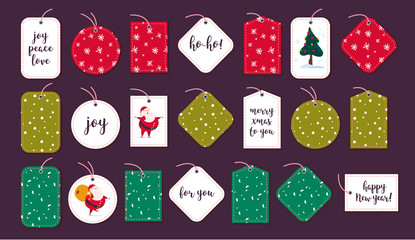 Vector collection of Christmas gift tags & badges different shapes isolated on dark background. Emblems for xmas holiday presents packaging. Pattern, text congratulations, Santa Claus character design