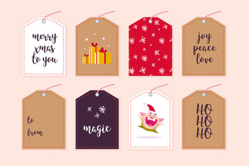 Vector collection of christmas gift tags & badges different shapes isolated on light background. Emblems for xmas holiday present packaging. Pattern, text place, congratulation, new year pig character