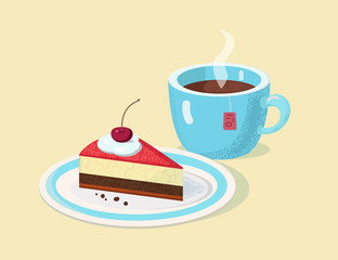Vector illustration of blue cup of hot tea with chery cacke on the white plate