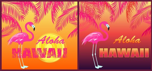 Naklejka premium Funny T shirt prints with Aloha Hawaii lettering, flamingo, sun and orange and pink palm leaves silhouettes