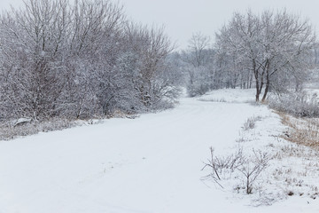 Snowy road during snowfall. Winter rural landscape