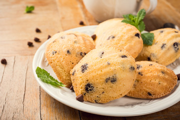 Homemade cookies Madeleine with chocolate chips. Holidays and party food concept with copy space.
