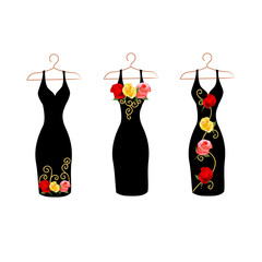Dress silhouette on a hanger with flowers and lace. Set vector illustration.