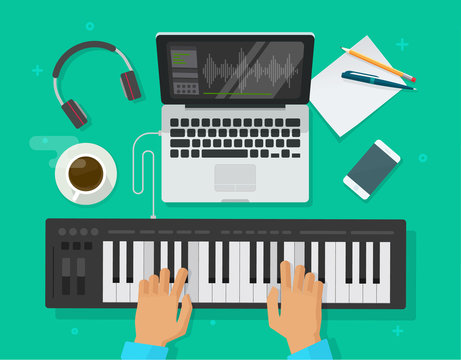 Musician workspace studio vector illustration, flat person playing midi piano keyboard and compose electronic music on computer laptop with and sequencer software top view, musician writing song