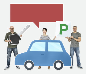 Obraz premium Happy people holding car icons
