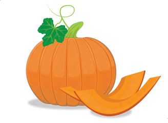 Zucca gialla invernale, intera con foglie e fette di colore arancio