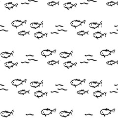 Flat monochrome vector seamless sea fish sketch pattern. Fabric textile summer pattern. Cute doodle pattern with underwater sea creatures. Vector illustration naive element wildlife nautical ornament.