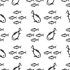 Flat monochrome vector seamless sea fish sketch pattern. Fabric textile summer pattern. Cute doodle pattern with underwater sea creatures. Vector illustration naive element wildlife nautical ornament.