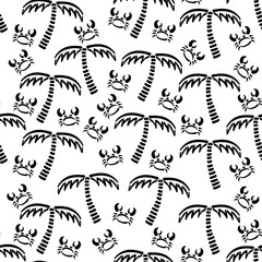 Abstract monochrome vector seamless summer pattern. Fabric textile with exotic island. Cute doodle summer pattern with palm tree, crab. Vector illustration naive jungle wildlife and nautical ornament.