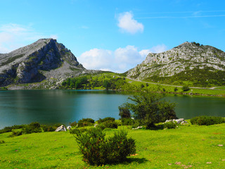 View of Lake Enol at Covadonga Lakes in Asturias, Spain