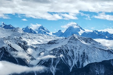 Fototapeta na wymiar Swiss Alps scenery. Winter mountains. Beautiful nature scenery in winter. Mountain covered by snow, glacier. Panoramatic view, Switzerland, holiday destination for sports and hiking
