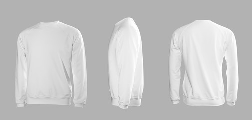 White men's sweatshirt with long sleeves in rear and side views