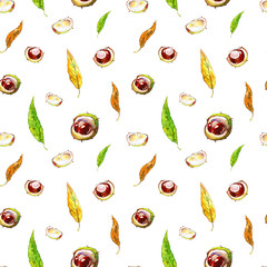 Autumn seamless watercolor sketch pattern in warm colors. Yellow leaves and chestnuts on white background. Hand-drawn ornament illustration for web design and print about fall and harvest