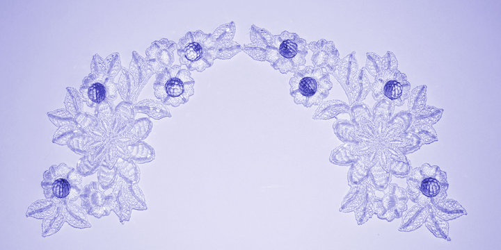 White lace with blue, lilac shiny beads on white background. Decorative iridescent stones. ornament for clothes