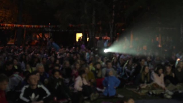 happy people watching a movie outdoors in the park at night, a group of people pulls hands up