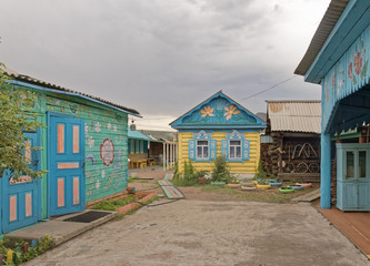 Colorful, wooden buildings in a tourist village.