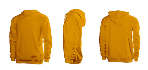 Orange men's sweatshirt with long sleeves and hood in rear and side views