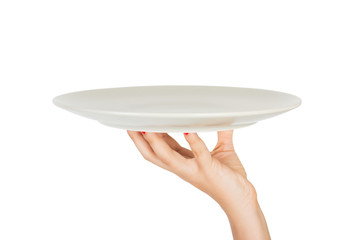 human hand with blank plate isolated on white background. perspective view, isolated on white background