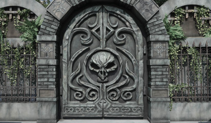Dungeon door. Details of Halloween decoration at haunted house mansion, big skeleton head on the entrance door.