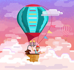 Color cartoon illustration of hot air balloon with man and dog in the clouds