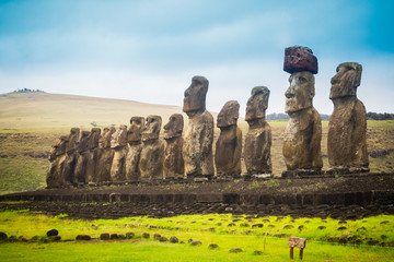 Moais at Ahu Tongariki in Easter island. The largest ahu in the island