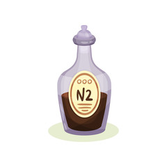 Flat vector icon of glass bottle with brown medical liquid. Purple transparent flask with pharmacy mixture