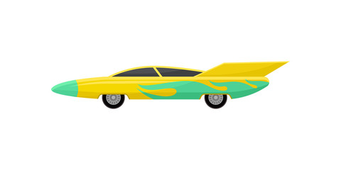 Flat vector icon of bright yellow racing car with green wrap decal, side view. Fast sports vehicle with tinted windows and spoiler